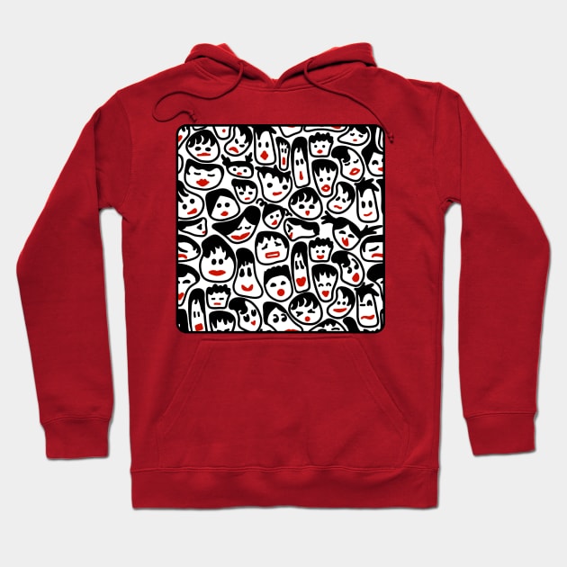 Wonky Faces With Red Lips All Over Print Hoodie by Slightly Unhinged